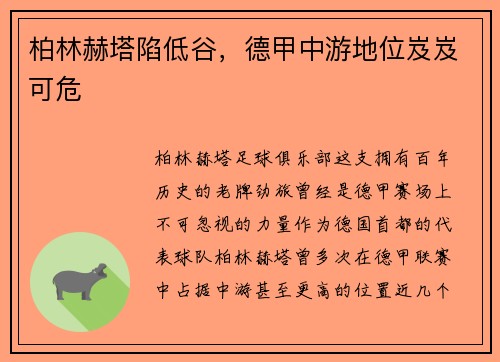 柏林赫塔陷低谷，德甲中游地位岌岌可危