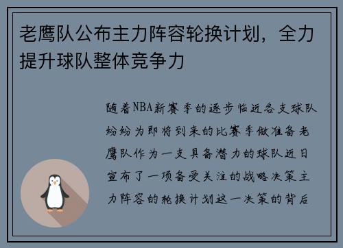 老鹰队公布主力阵容轮换计划，全力提升球队整体竞争力